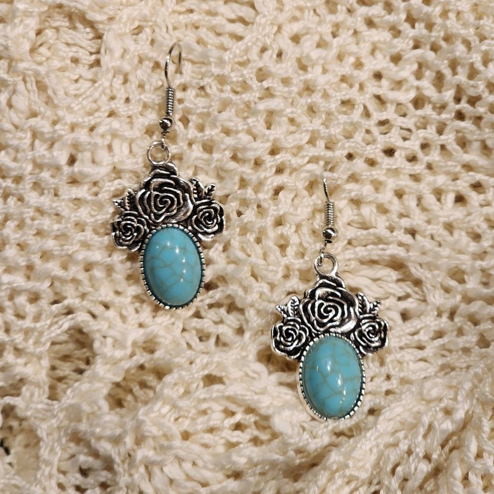 NEW Silver Toned and Faux Turquoise Oval and Rose Earrings